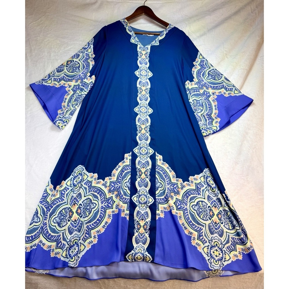 Chico's Kaftan Midi Dress Seaport Blue Sz 1 Medium Coastal Resort 3/4 Sleeve
